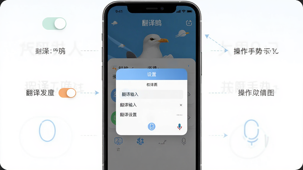 主体为翻译鸥手机端使用界面与操作手势示意图,布局为手机屏幕居中展示翻译功能与权限设置弹窗,排版为竖版教程式构图,风格为简洁UI展示风,细节包括权限开关、翻译输入框、麦克风图标、