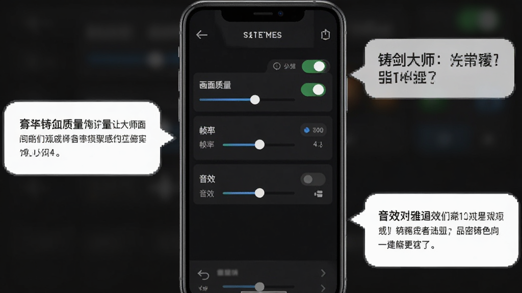 主体是一个手机屏幕显示铸剑大师游戏设置界面,布局为屏幕中央列出画面质量、帧率、音效等选项,旁边有提示文字气泡,排版采用竖屏手游设置页样式,风格为简洁现代的深色UI,细节包括开关按钮、滑块、返回箭头,画质高清,干净,无多余元素