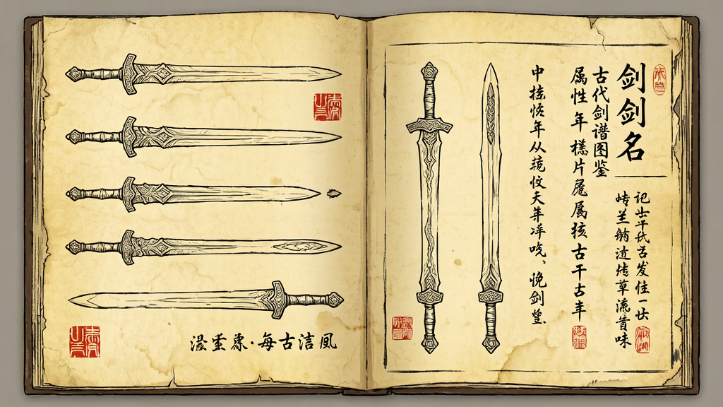 主体是一本展开的古代剑谱图鉴,布局为左侧页面绘制着几把不同造型的宝剑线稿,右侧页面写有剑名与属性文字,排版采用古籍书页样式,风格为泛黄宣纸质感的手绘插画,细节包括毛笔字迹、朱砂印章、剑身上的纹理,画质高清,干净,无多余元素