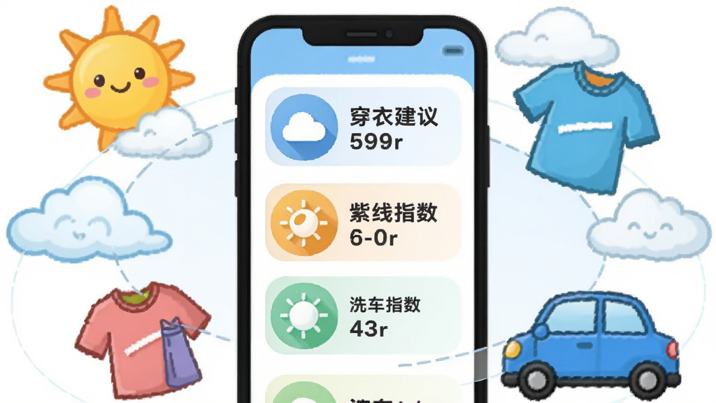 一幅展示天气预报本地智能报生活指数功能的生图,画面中手机屏幕显示穿衣建议、紫外线指数、洗车指数等图标,周围环绕着太阳、云朵、衣服、汽车等元素,风格卡通清新,布局环绕式排版,细节生动,画质高清,干净无多余元素