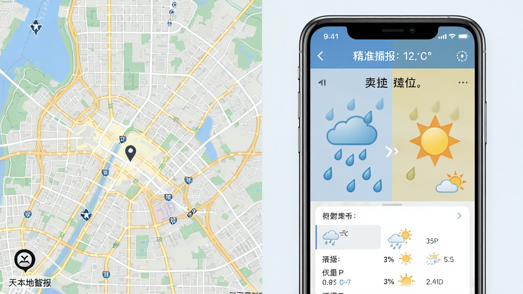 一幅展示天气预报本地智能报精准定位功能的生图,画面左侧是城市地图网格,右侧是手机屏幕显示街道级天气详情,有雨滴和阳光图标对比,风格写实,布局左右对比,排版清晰,细节丰富,画质高清,干净无多余元素