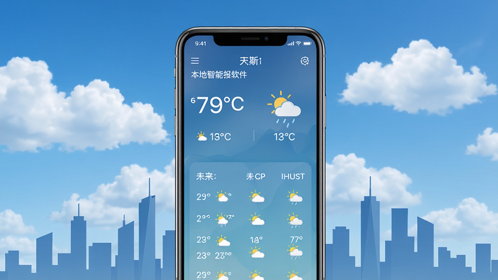一张展示天气预报本地智能报软件主界面的预览图,画面中央是一部智能手机,屏幕上显示着清晰的天气信息,包括温度、天气图标、未来几小时预报,背景是蓝天白云和城市剪影,布局简洁,风格现代科技感,细节精致,画质高清,干净无多余元素