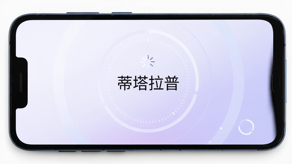 一部安卓手机屏幕显示蒂塔拉普启动画面,画面中央有“蒂塔拉普”文字标识,周围环绕简洁的加载动画元素,背景为白色到淡紫色的柔和过渡,风格干净明快,细节清晰,画质干净,无多余元素