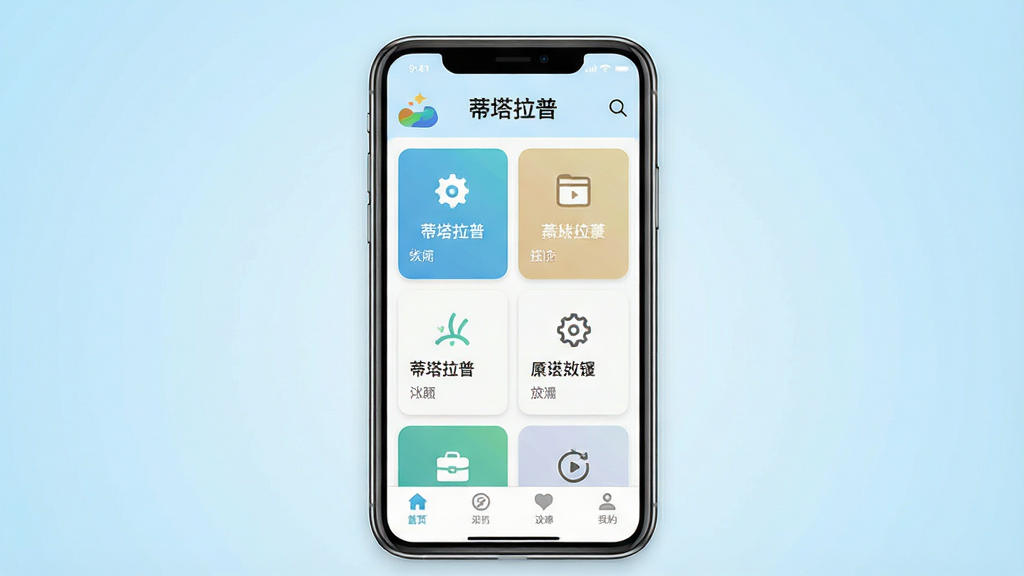 一张展示蒂塔拉普应用主界面的高清预览图,画面中央是手机屏幕,屏幕内呈现蒂塔拉普的首页布局,顶部有应用名称“蒂塔拉普”字样,中部为功能卡片式排列,底部为导航栏;背景为浅蓝色渐变,风格简洁清爽,细节清晰,画质干净,无多余元素