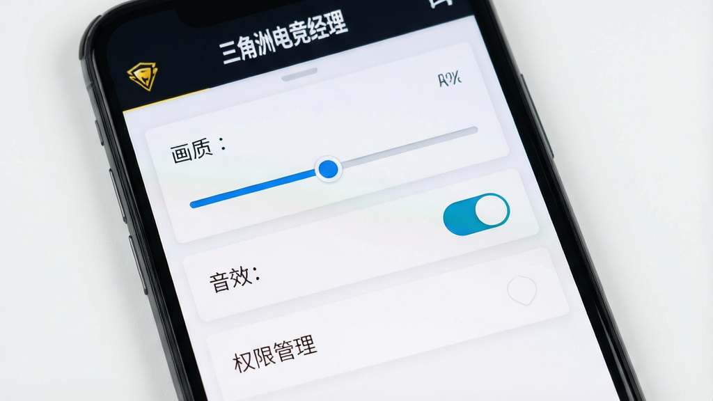 一张手机屏幕显示“三角洲电竞经理”游戏设置界面,包含画质调节、音效开关、权限管理选项,界面简洁,风格清爽,布局合理,细节清晰,画质高清,干净无多余元素