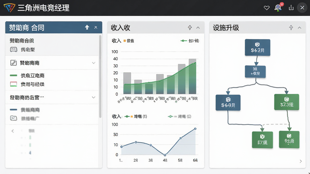 俱乐部商业运营界面截图,显示赞助商合同、收入图表和设施升级树,界面为“三角洲电竞经理”风格,布局合理,细节丰富,画质高清,干净无多余元素