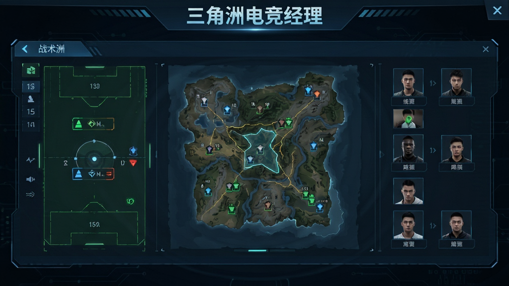 战术板界面截图,画面中有“三角洲电竞经理”字样,显示战术选择面板、地图区域划分和选手站位图标,风格为未来科技风,布局对称,细节丰富,画质高清,干净无多余元素