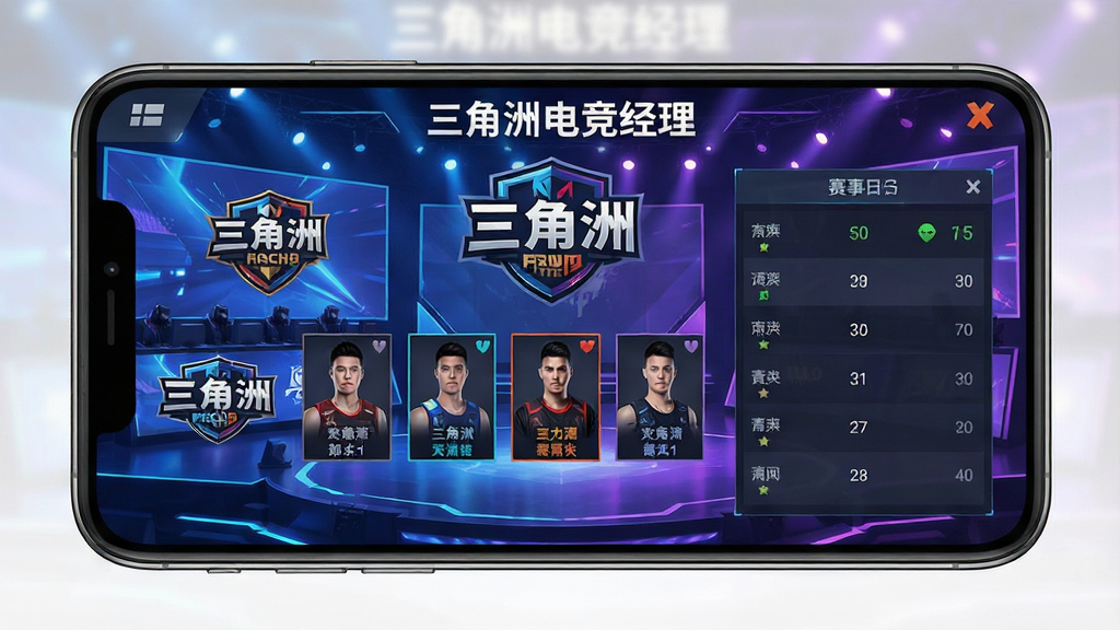 一张手机游戏界面截图,画面中央是“三角洲电竞经理”游戏主界面,包含战队Logo、选手卡片、赛事日程面板,背景为科技感蓝紫色调的电竞舞台,布局清晰,风格现代简约,细节丰富,画质高清,干净无多余元素