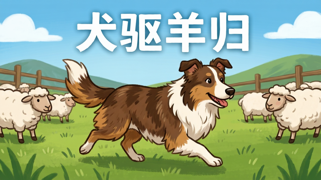 一只棕白相间的牧羊犬在绿色草地上奔跑,背景是白色羊群和木质围栏,远处有蓝天白云与起伏山丘,画面中央上方用粗体白色文字标注“犬驱羊归”,主体位于画面正中,布局采用中心对称,排版简洁清爽,风格为卡通手绘插画,细节包含草地质感、羊群动态、牧羊犬毛发纹理,画质高清,干净,无多余元素