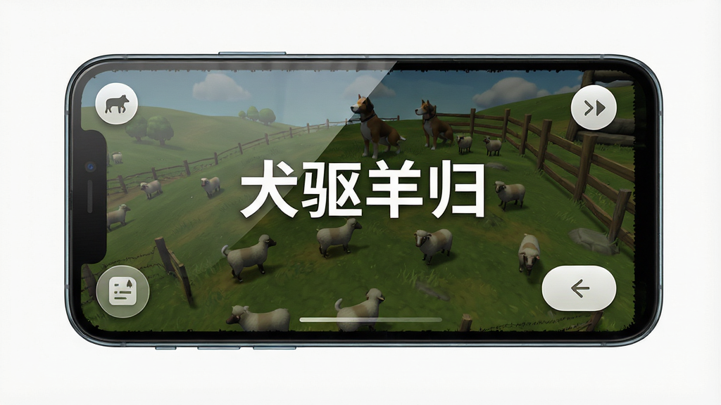 一部智能手机屏幕显示犬驱羊归游戏画面,屏幕外有简洁的图标和按钮,手机周围是纯色背景,画面中央用白色文字标注“犬驱羊归”,主体为手机与游戏界面,布局采用居中展示,排版干净利落,风格为数码产品展示图,细节包含屏幕反光、按钮圆角、草地场景缩略,画质高清,干净,无多余元素