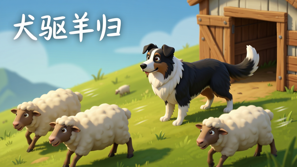 一只黑白花色的牧羊犬站在山坡上,前方是四散奔跑的绵羊,画面右侧有木制羊圈入口,犬只姿态专注,羊群动态各异,画面左上角用白色手写体标注“犬驱羊归”,主体突出犬与羊的互动,布局采用对角线构图,排版留白充足,风格为清新卡通渲染,细节包含草地光影、羊毛蓬松感、木栏纹理,画质高清,干净,无多余元素