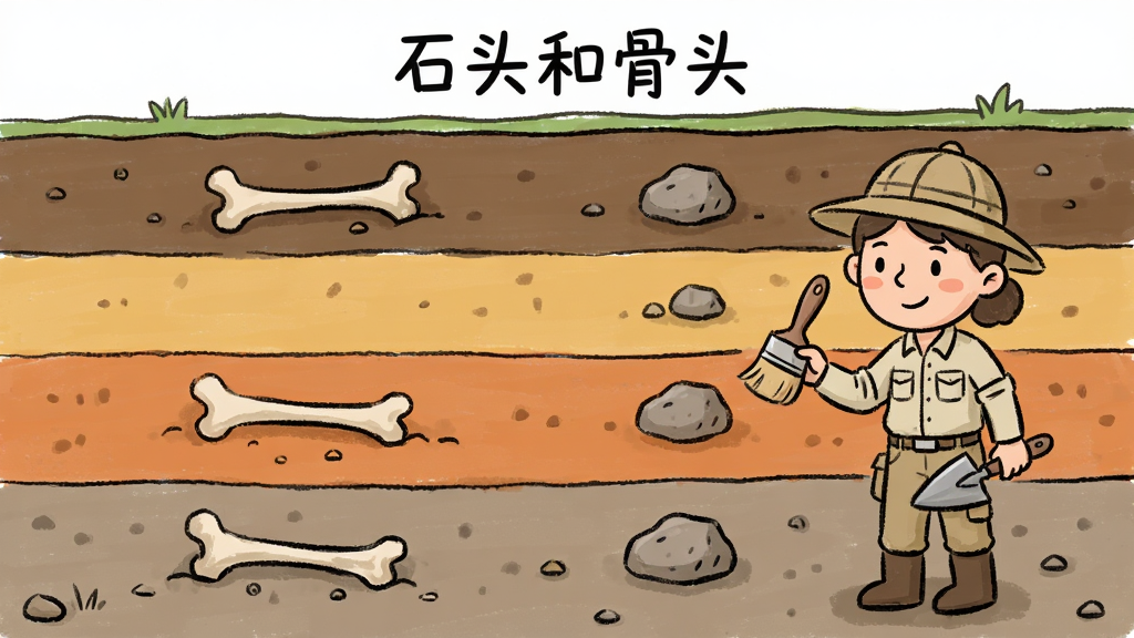 画面展示一个考古挖掘现场剖面图,从上到下分为四层不同颜色的土层,每层中埋藏着骨头碎片和石头,一个卡通考古学家手持小刷子和铲子站在旁边,风格为清新手绘插画,布局居中,画质干净,无多余元素,图片中带有文字