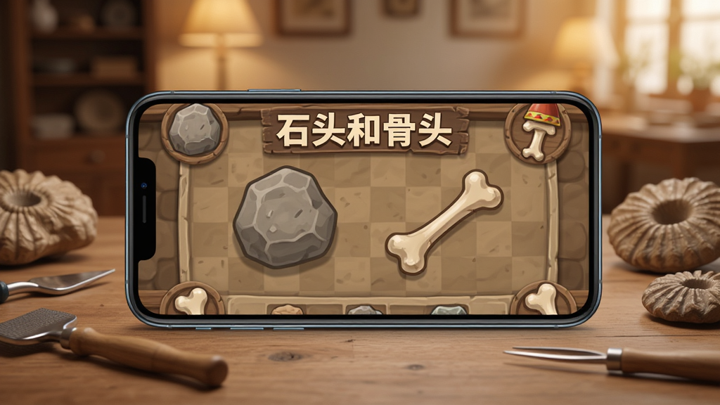画面展示一部手机横屏放在木桌上,屏幕中显示石头和骨头游戏界面,周围有考古工具和化石模型,背景为温馨室内环境,风格为写实产品展示图,布局居中,画质干净,无多余元素,图片中带有文字