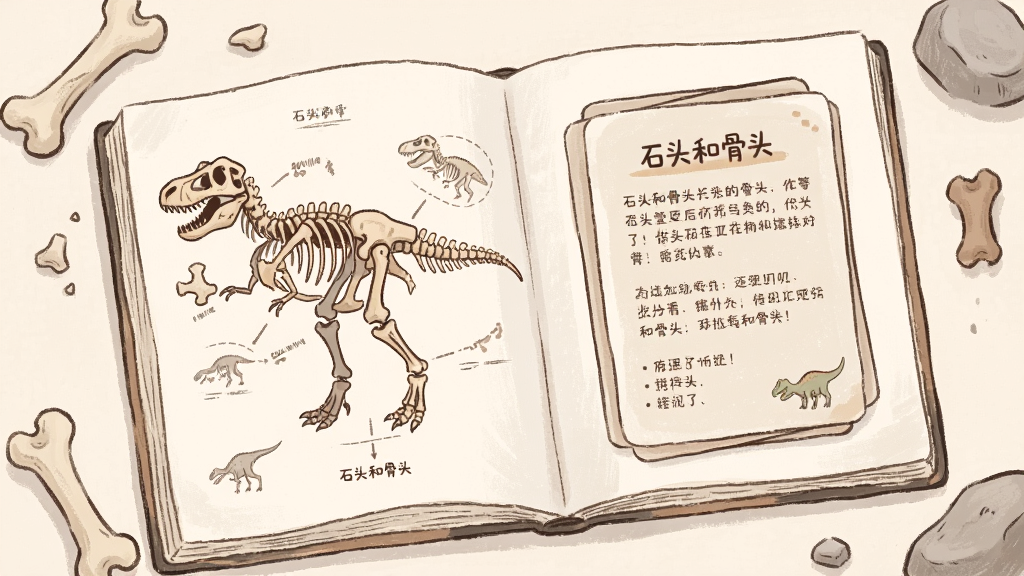 画面展示一本打开的图鉴册子,左侧是恐龙骨架拼装图,右侧是文字介绍卡片,周围散落着几块骨头碎片和石头,风格为柔和浅色手绘插画,布局左右分栏,画质干净,无多余元素,图片中带有文字