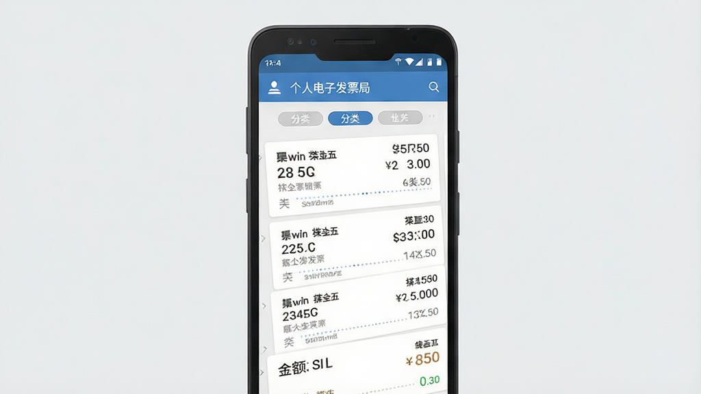 一张手机屏幕展示电子发票管理界面的效果图,画面中央是一部安卓手机,屏幕上显示名为“个人电子发票局”的应用主界面,界面中有发票列表、分类标签和金额统计区域,背景为干净的浅灰色,整体采用扁平化设计风格,细节清晰,画质干净,无多余元素