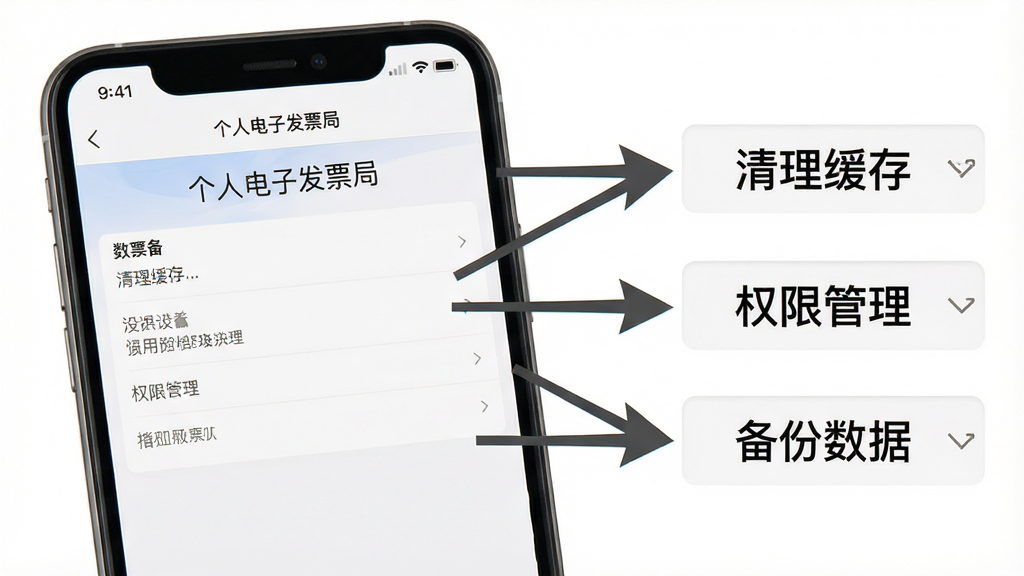 一张展示手机端解决应用闪退问题的操作示意图,画面中一部手机屏幕显示“个人电子发票局”的设置页面,旁边有箭头指向“清理缓存”“权限管理”“备份数据”三个选项,背景为纯白色,风格简洁明了,细节清晰,画质干净,无多余元素