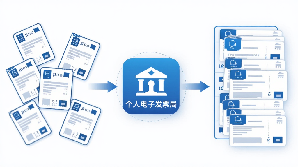 一幅展示电子发票自动归集流程的插图,画面左侧散落着多张电子发票图标,中间是“个人电子发票局”的软件图标作为核心,右侧是整齐排列的发票卡片列表,整体布局从左到右呈现归集过程,风格简洁商务,色彩以蓝白为主,细节清晰,画质干净,无多余元素