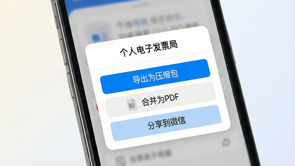 一张展示手机端电子发票导出与分享功能的界面图,画面中一部手机屏幕显示“个人电子发票局”的导出选项弹窗,弹窗内有“导出为压缩包”“合并为PDF”“分享到微信”等按钮,背景为浅色渐变,风格清爽现代,细节清晰,画质干净,无多余元素