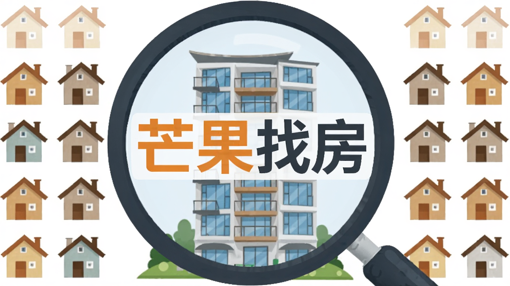 一个巨大的放大镜聚焦在一栋现代公寓楼上,公寓楼周围环绕着许多小房子图标,画面中央用醒目的中文字体写着
