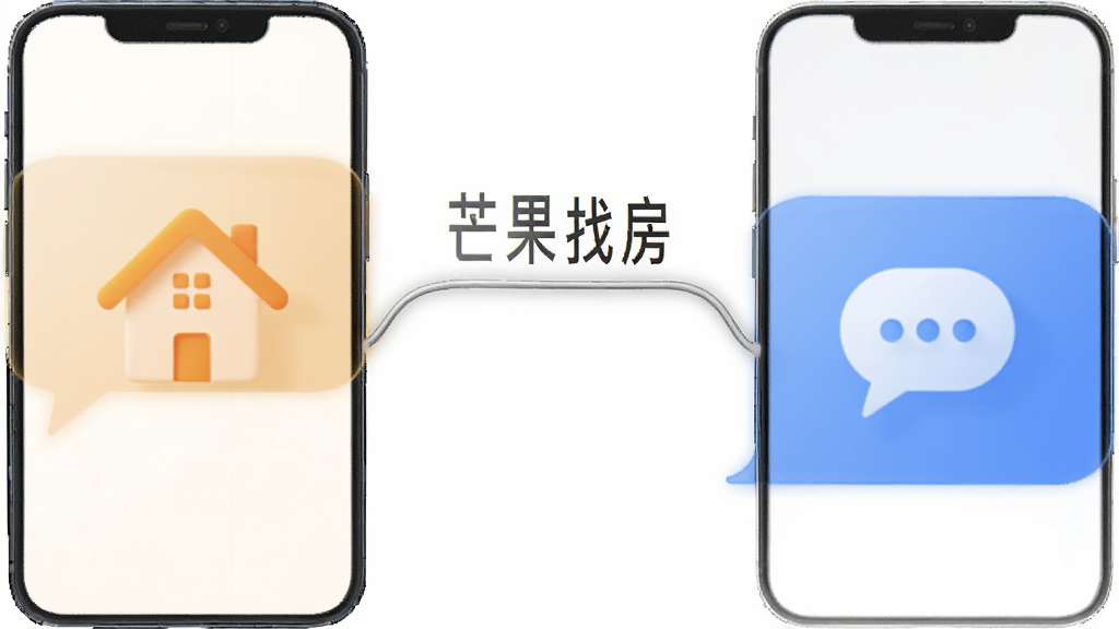 两个手机对话框相互连接,对话框中分别显示房屋图标和聊天气泡,连接线上方写着