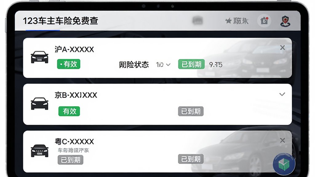 AI生图,画面主体为“123车主车险免费查”多车管理界面,屏幕上排列三张车辆卡片,分别标注“沪AXXXXX”“京BXXXXX”“粤CXXXXX”,每张卡片显示车险状态和到期时间,布局为纵向列表,风格现代简约,细节包括车辆图标、绿色“有效”标签、灰色“已到期”标签,画质高清,干净无多余元素