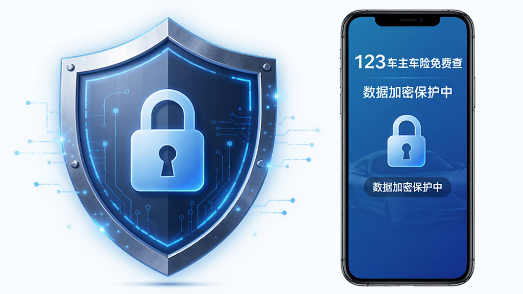 AI生图,画面主体为盾牌图标与手机结合,盾牌中央显示锁形符号,手机屏幕显示“123车主车险免费查”隐私保护页面,布局为盾牌在左手机在右,风格科技安全,细节包括蓝色光晕、加密锁图标、文字“数据加密保护中”,画质高清,干净无多余元素