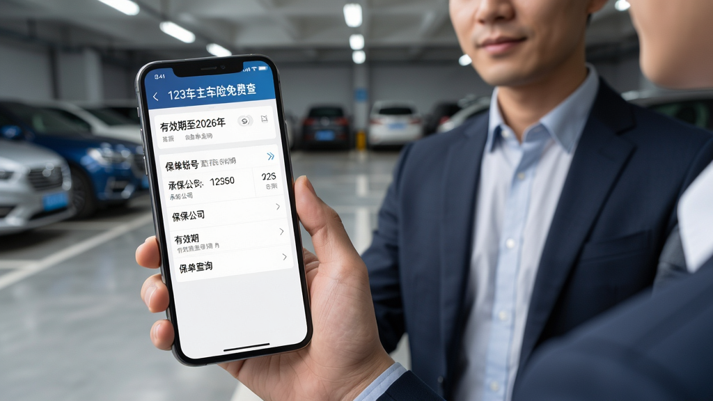 AI生图,画面主体为一位车主手持手机查看“123车主车险免费查”显示的保单详情页面,手机屏幕清晰展示保单号、承保公司、有效期等信息,背景为停车场和车辆,布局采用人物半身加手机特写,风格写实商务,细节包括手机界面文字“保单查询”“有效期至2026年”,画质高清,干净无多余元素