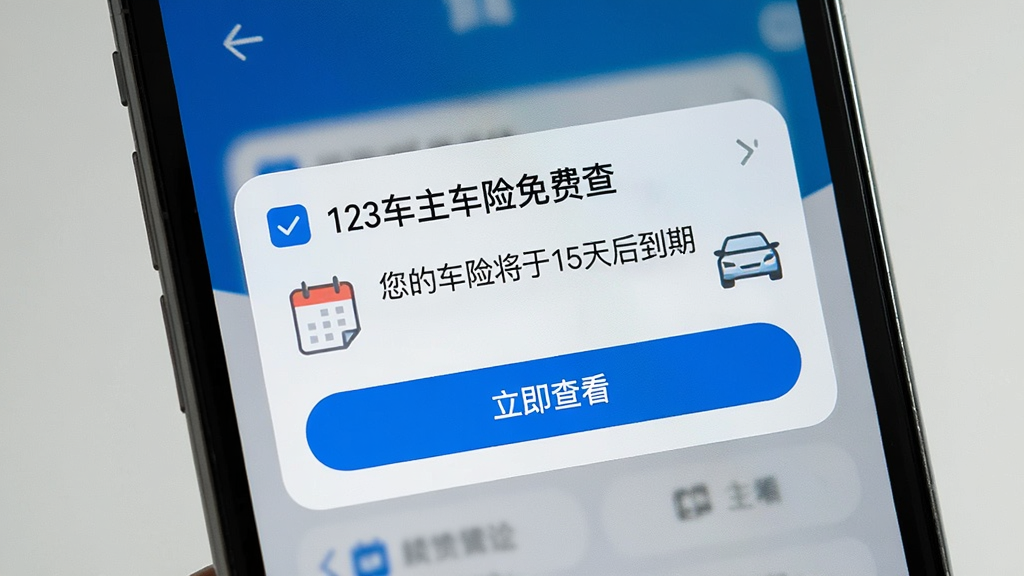 AI生图,画面主体为手机屏幕弹出“123车主车险免费查”续保提醒通知,通知内容显示“您的车险将于15天后到期”,旁边配有日历图标和车辆图标,布局为手机界面特写居中,风格清新简洁,细节包括通知卡片、蓝色按钮“立即查看”,画质高清,干净无多余元素
