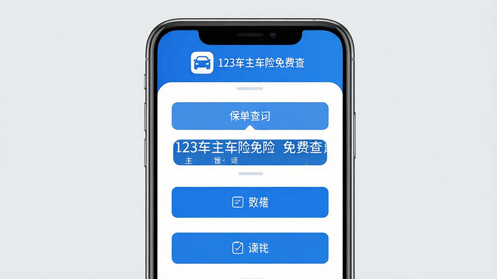 手机屏幕正中央展示“123车主车险免费查”应用主界面,界面采用蓝白配色,顶部显示车辆图标和保单查询入口,背景为干净浅灰色,画面风格简约商务,细节清晰展示按钮和文字排版,画质高清,干净无多余元素