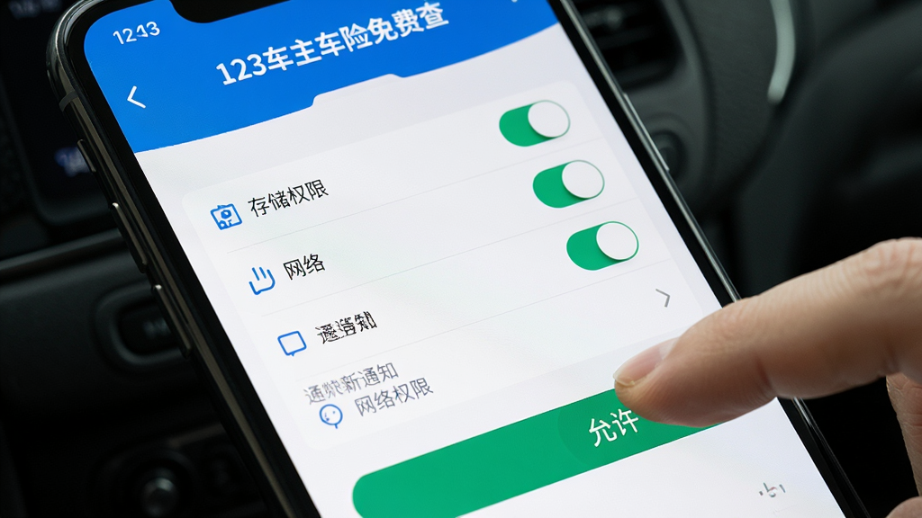 AI生图,画面主体为手机屏幕显示“123车主车险免费查”的权限设置界面,界面中列出存储、网络、通知等权限选项,旁边有手指点击“允许”按钮的动作,布局为手机特写加手指,风格写实教程,细节包括权限开关、文字“存储权限”“网络权限”,画质高清,干净无多余元素