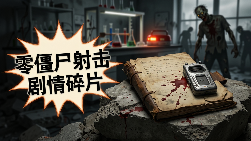 主体为一本破旧的日记本与一支录音笔放置在废墟石块上,背景是模糊的实验室与僵尸剪影,布局采用特写镜头,排版左侧为文字爆发零僵尸射击剧情碎片,风格为写实颓废风,细节包括泛黄的纸张、干涸的血迹、微弱的应急灯光,画质为高清摄影质感,干净无多余元素