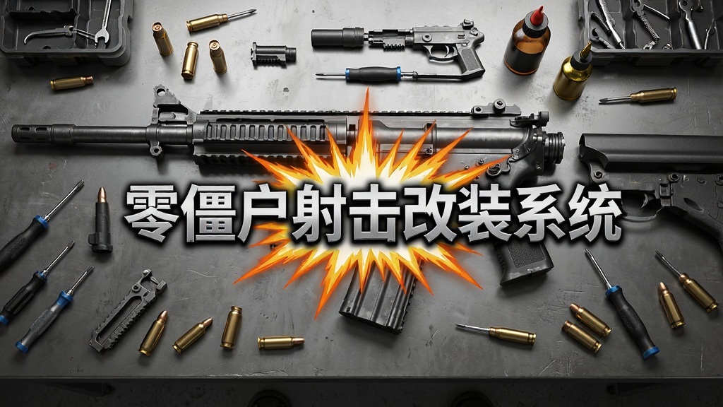 主体为一个武器改装工作台,桌面上摆放着拆解后的突击步枪零件与各种配件,布局采用俯视视角,排版中央为文字爆发零僵尸射击改装系统,风格为工业机械风,细节包括金属光泽的枪管、螺丝刀、润滑油瓶、散落的子弹壳,画质为高清写实渲染,干净无多余元素