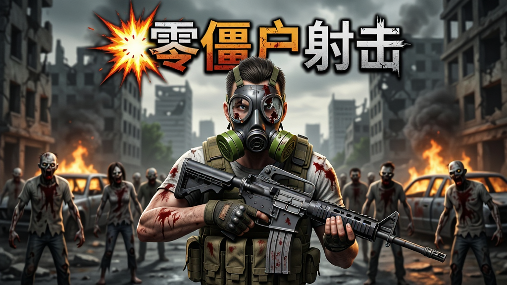 主体为一位手持突击步枪的末日幸存者,背景是破败的城市废墟与成群逼近的僵尸,布局采用中心构图突出人物,排版上方为游戏标题文字爆发零僵尸射击,风格为写实暗黑末日风,细节包括破损的防毒面具、血迹斑斑的战术背心、远处燃烧的废弃车辆,画质为4K高清游戏海报质感,干净无多余元素