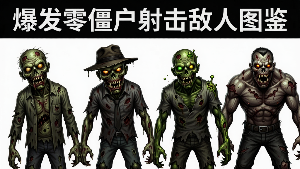主体为四种不同类型的僵尸并排站立展示,包括普通僵尸、猎手僵尸、腐蚀者与暴君,布局采用横向排列对比,排版上方为文字爆发零僵尸射击敌人图鉴,风格为暗黑生物设定图,细节包括腐烂的皮肤、尖锐的牙齿、发光的眼睛、破损的衣物,画质为高清概念艺术,干净无多余元素