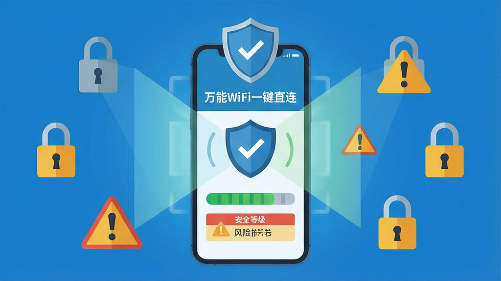 一幅表现网络安全检测的插画,画面中心是一部手机,手机屏幕显示“万能WiFi一键直连”的安全检测界面,界面中有盾牌图标和绿色对勾,手机周围环绕着锁形图标和警告标识,布局为手机居中、盾牌在上方、锁形图标环绕,风格为扁平化安全主题插画,细节包括扫描光线、安全等级条、风险提示框,画质清晰,画面干净,无多余元素