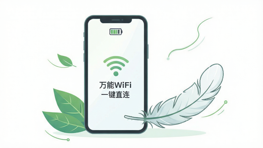 一幅表现轻量省电概念的插画,画面中是一部手机和一片羽毛,手机屏幕显示“万能WiFi一键直连”图标,羽毛轻轻落在手机旁,布局为手机居中、羽毛在侧,风格为清新简约风,细节包括电量图标、绿色叶子、轻盈的线条,画质清晰,画面干净,无多余元素