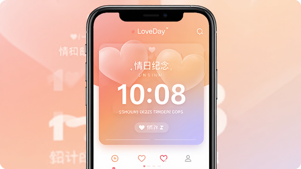 一款名为 LoveDay 的手机应用界面展示,主体为情侣纪念日倒计时卡片,布局采用上下分栏,排版居中对称,风格温馨浪漫,细节包含爱心图标、日期数字、柔和渐变背景,画质高清,干净,无多余元素