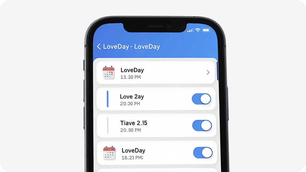 LoveDay 应用内纪念日提醒设置界面,主体为手机屏幕展示提醒列表,布局为垂直滚动,排版清晰,风格简约现代,细节包含日历图标、时间轴、开关按钮,画质高清,干净,无多余元素