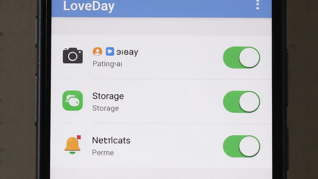 LoveDay 应用权限管理界面,主体为手机设置页面的权限开关列表,布局纵向排列,排版清晰,风格系统原生,细节包含相机、存储、通知权限图标,画质高清,干净,无多余元素