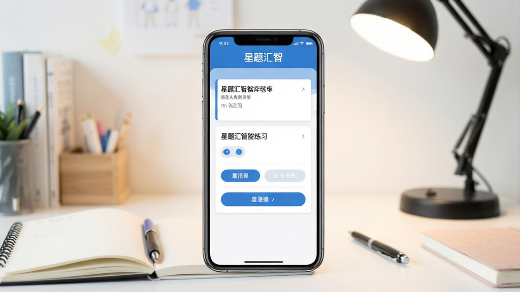 一张展示星题汇智软件主界面的预览图,画面中央放置一部智能手机,屏幕显示星题汇智的题库练习页面,包含题目卡片与选项按钮,背景为书桌场景,有笔记本和台灯,整体风格清新明亮,细节包括页面顶部显示“星题汇智”文字标识,画质清晰,干净整洁,无多余元素
