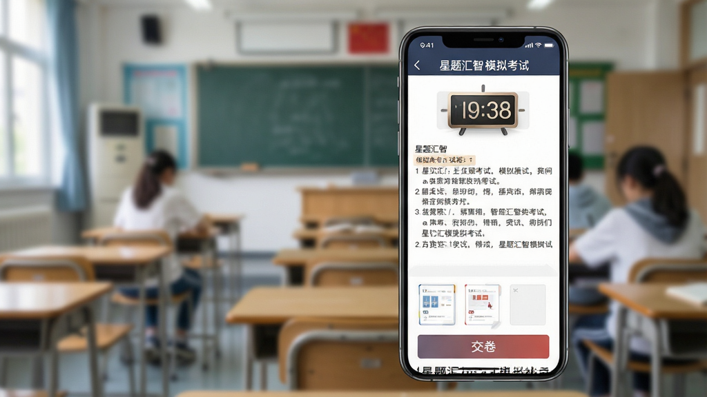 一张展示星题汇智模拟考试界面的图片,手机屏幕显示倒计时时钟和试卷题目,页面底部有答题卡和交卷按钮,背景为教室场景虚化,风格专注严谨,细节包括屏幕顶部显示“星题汇智 模拟考试”字样,画质清晰,干净无干扰元素