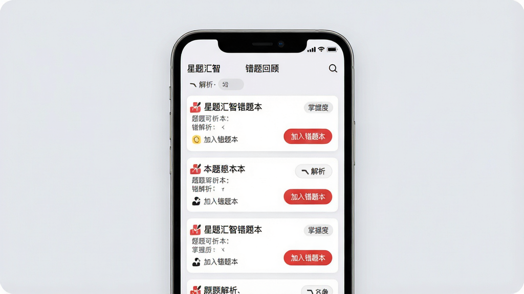 一张展示星题汇智错题本功能的界面图,手机屏幕显示错题列表,每道错题带有红色标记和“加入错题本”按钮,页面顶部显示“星题汇智”和“错题回顾”标题,背景为柔和浅灰色,风格简约,细节包括题目解析入口和掌握度标签,画质清晰,干净整洁
