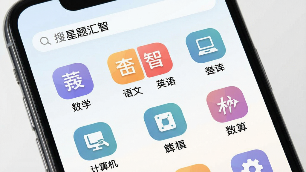 一张展示星题汇智多学科题库分类页面的图片,画面主体为手机屏幕,屏幕中显示多个学科图标整齐排列,包括数学、语文、英语、计算机等,每个图标下方标注学科名称,背景为浅色渐变,风格简洁现代,细节包括页面顶部有搜索栏和“星题汇智”字样,画质清晰,干净无杂乱元素