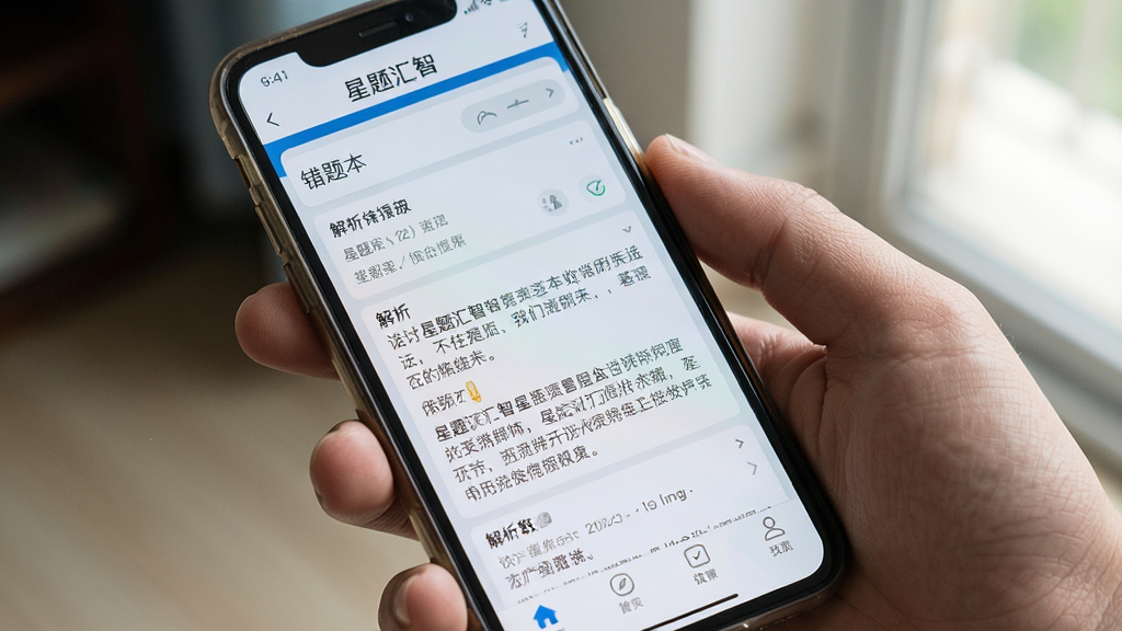 一张展示星题汇智在手机上运行的实际截图,画面为手机屏幕特写,显示错题本页面和解析内容,背景为手持手机的场景,风格真实自然,细节包括屏幕顶部“星题汇智”标识和底部导航栏,画质清晰,干净无杂乱