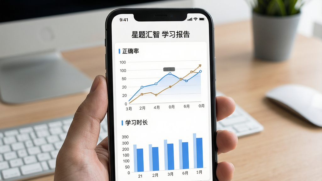 一张展示星题汇智学习数据统计页面的图片,手机屏幕显示折线图和柱状图,图表中标注正确率和学习时长,背景为办公桌面,风格数据化清晰,细节包括页面顶部“星题汇智 学习报告”文字,画质清晰,干净整洁