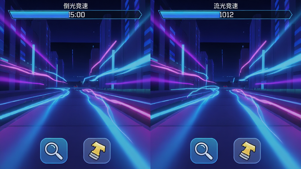 找不同流光竞速游戏主界面截图,画面中央展示两幅几乎相同的绚丽光影场景,左右对比布局,界面顶部显示倒计时进度条,底部排列放大镜与提示道具图标,整体风格明亮活泼,色彩以蓝紫渐变和霓虹光效为主,画面干净整洁无多余元素,高清画质