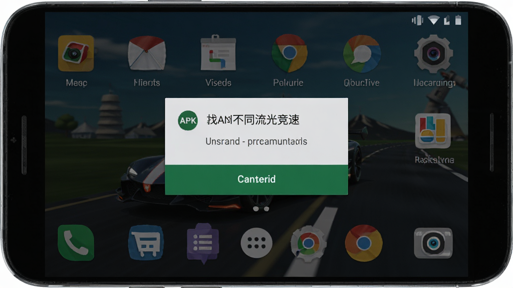 找不同流光竞速手机安装界面示意图,画面展示安卓手机屏幕上的APK安装确认弹窗,背景为手机桌面,风格简洁写实,界面元素清晰,高清画质,干净无多余装饰