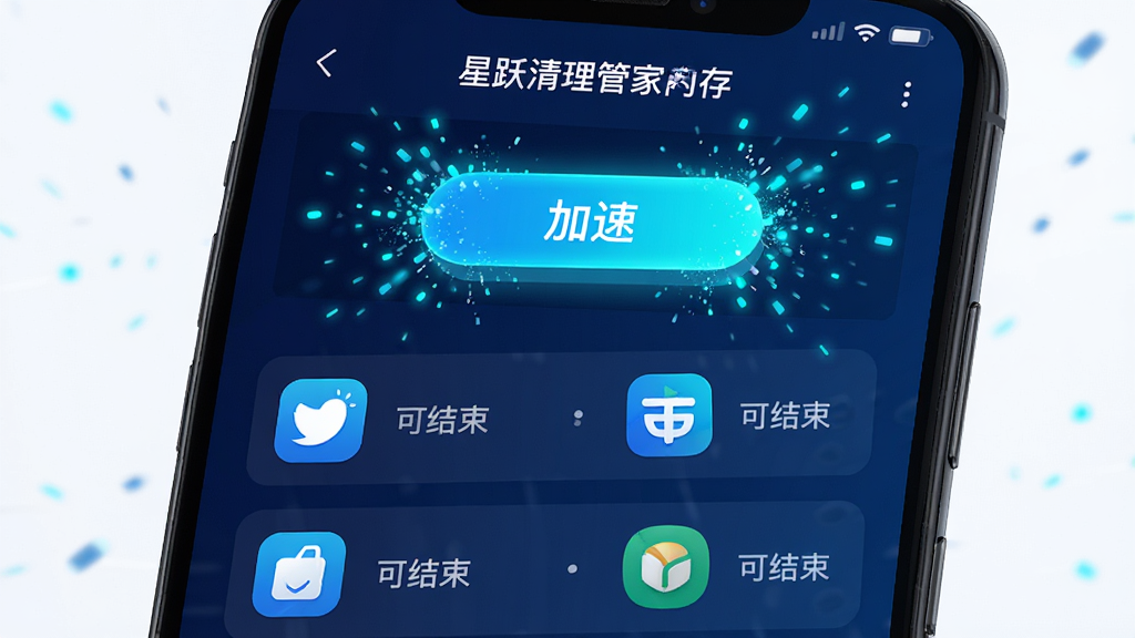 一部手机屏幕显示“星跃清理管家”的内存加速页面,画面中有多个应用图标排列在列表里,部分图标旁标注“可结束”字样,顶部有一个醒目的加速按钮,按钮周围有光效粒子飞散。整体色调为深蓝与亮青色搭配,风格动感科技,细节干净利落,画质高清,适合展示加速功能。