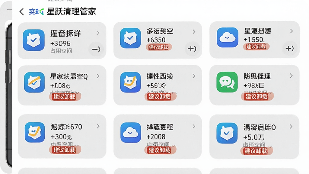 手机界面展示“星跃清理管家”的应用管理功能,屏幕中排列着多个应用卡片,每张卡片显示应用图标、名称和占用空间大小,部分卡片带有“建议卸载”的标签。界面以白色为底,卡片为浅灰色圆角矩形,风格简洁商务,布局整齐有序,画质清晰,无冗余元素。