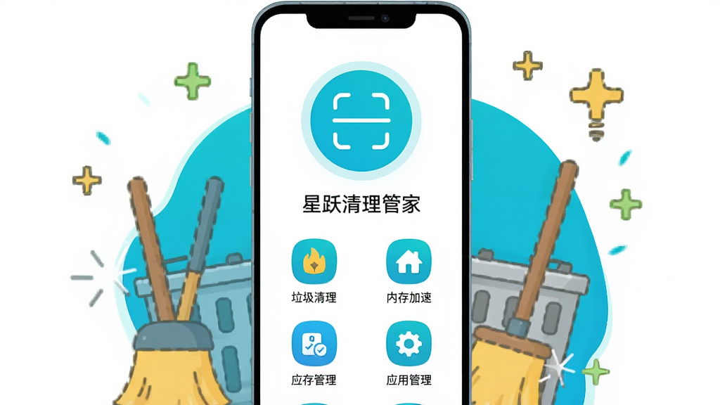 一部安卓智能手机屏幕中央显示着“星跃清理管家”应用主界面,界面以白色和青蓝色为主色调,上方有圆形扫描按钮,下方列出垃圾清理、内存加速、应用管理等图标。手机周围环绕着垃圾桶、扫帚、闪光等象征清理的卡通元素,整体布局居中对称,风格清新扁平化,细节干净无多余杂物,画质高清,适合作为软件下载站配图。